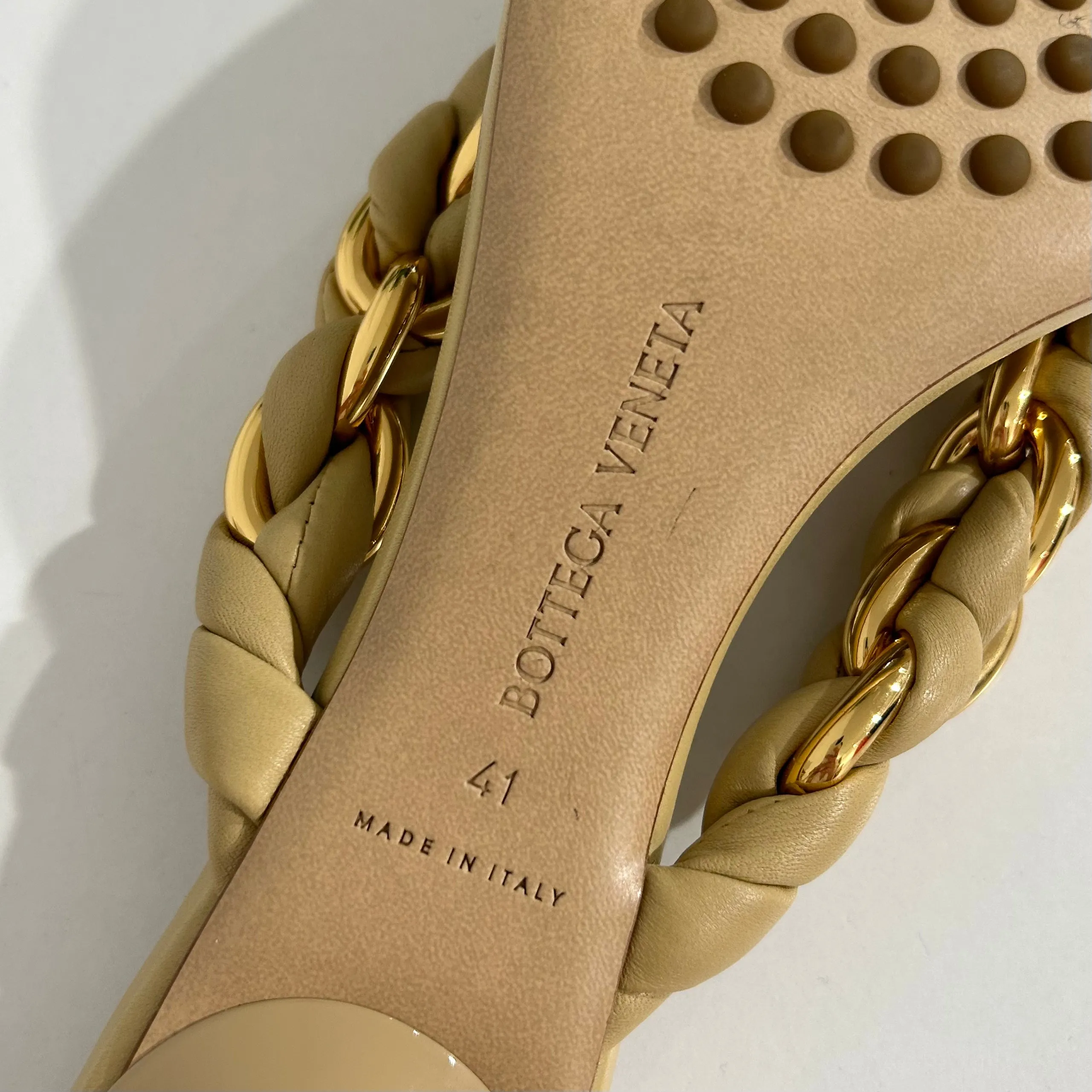 Bottega Beige & Gold Chain Sandals