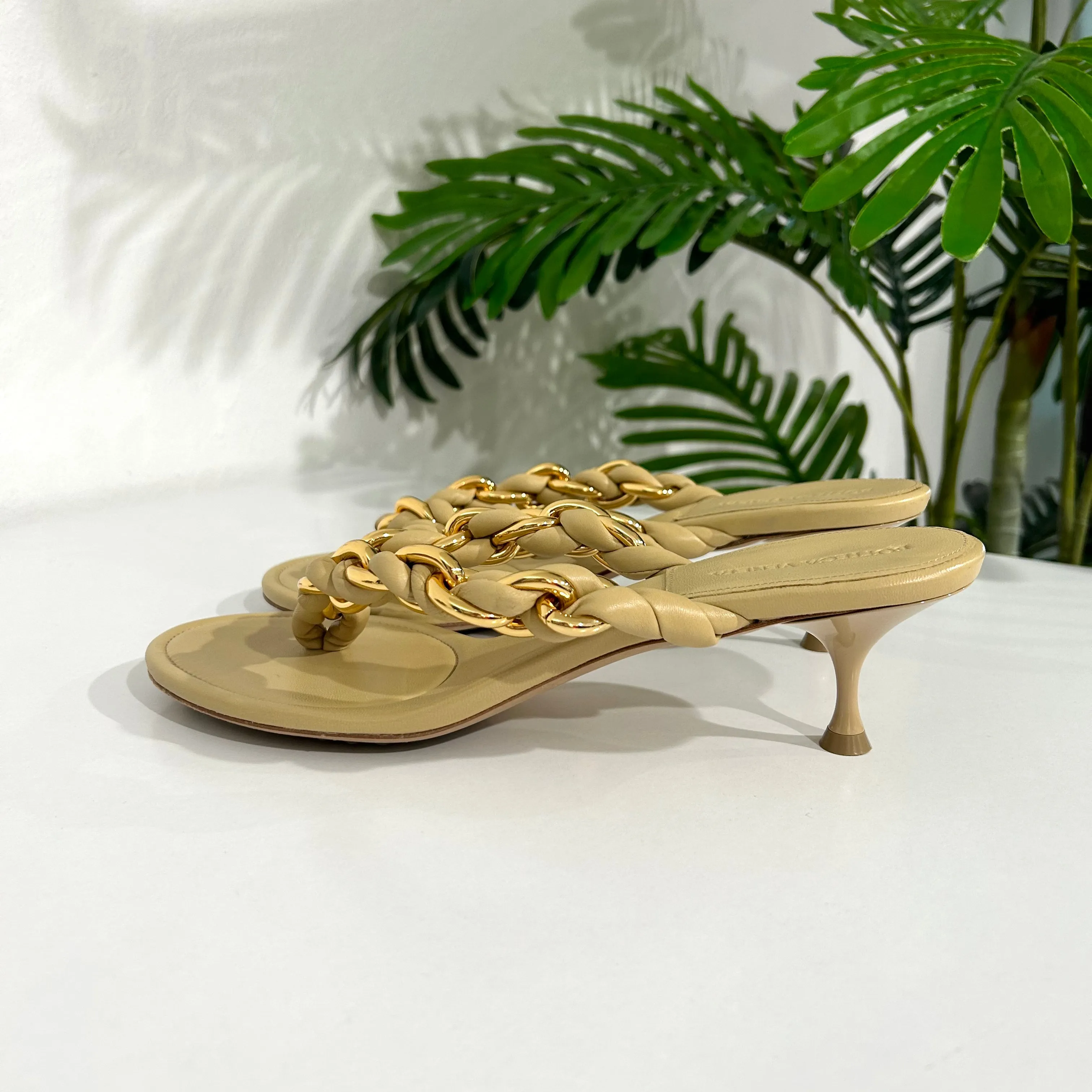 Bottega Beige & Gold Chain Sandals