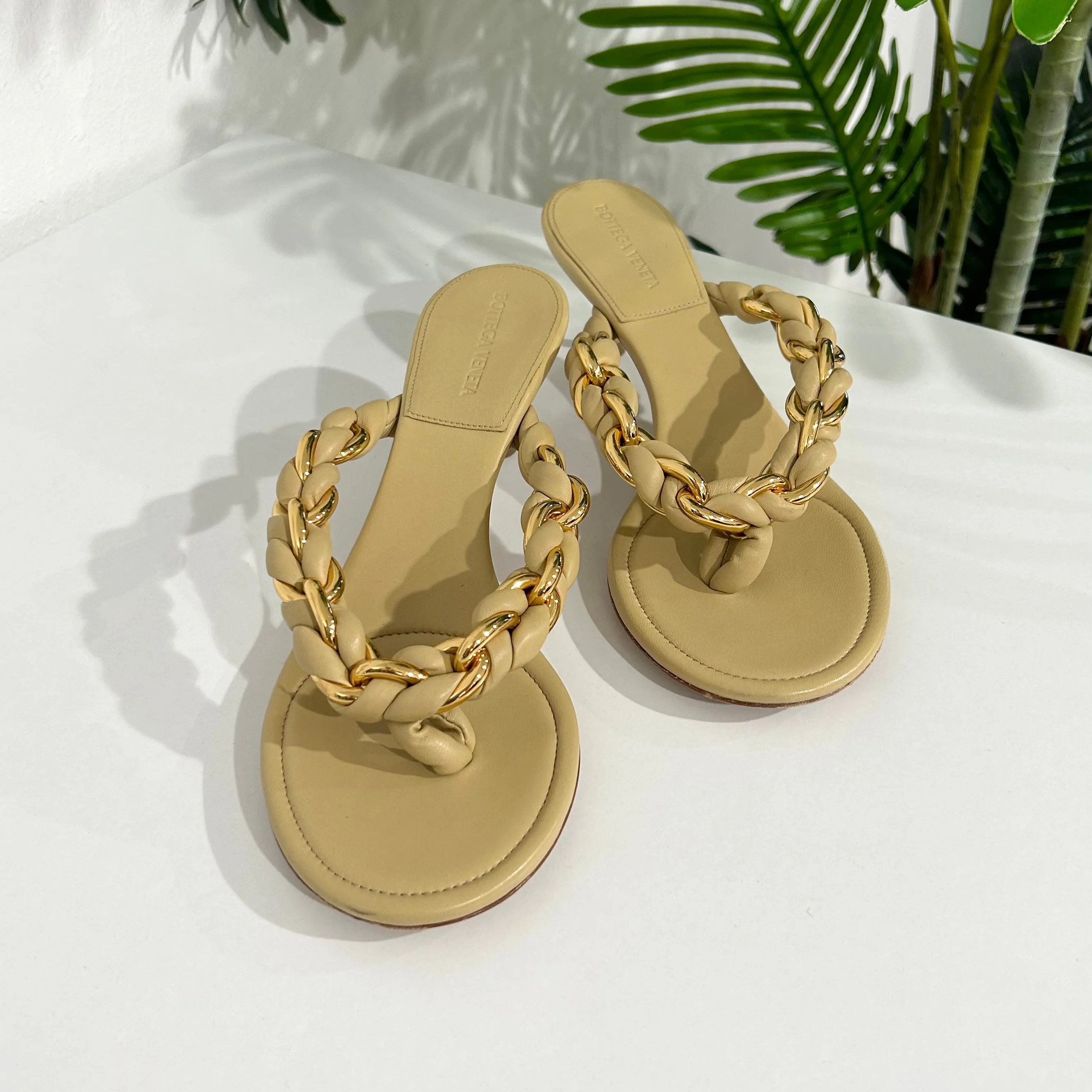Bottega Beige & Gold Chain Sandals
