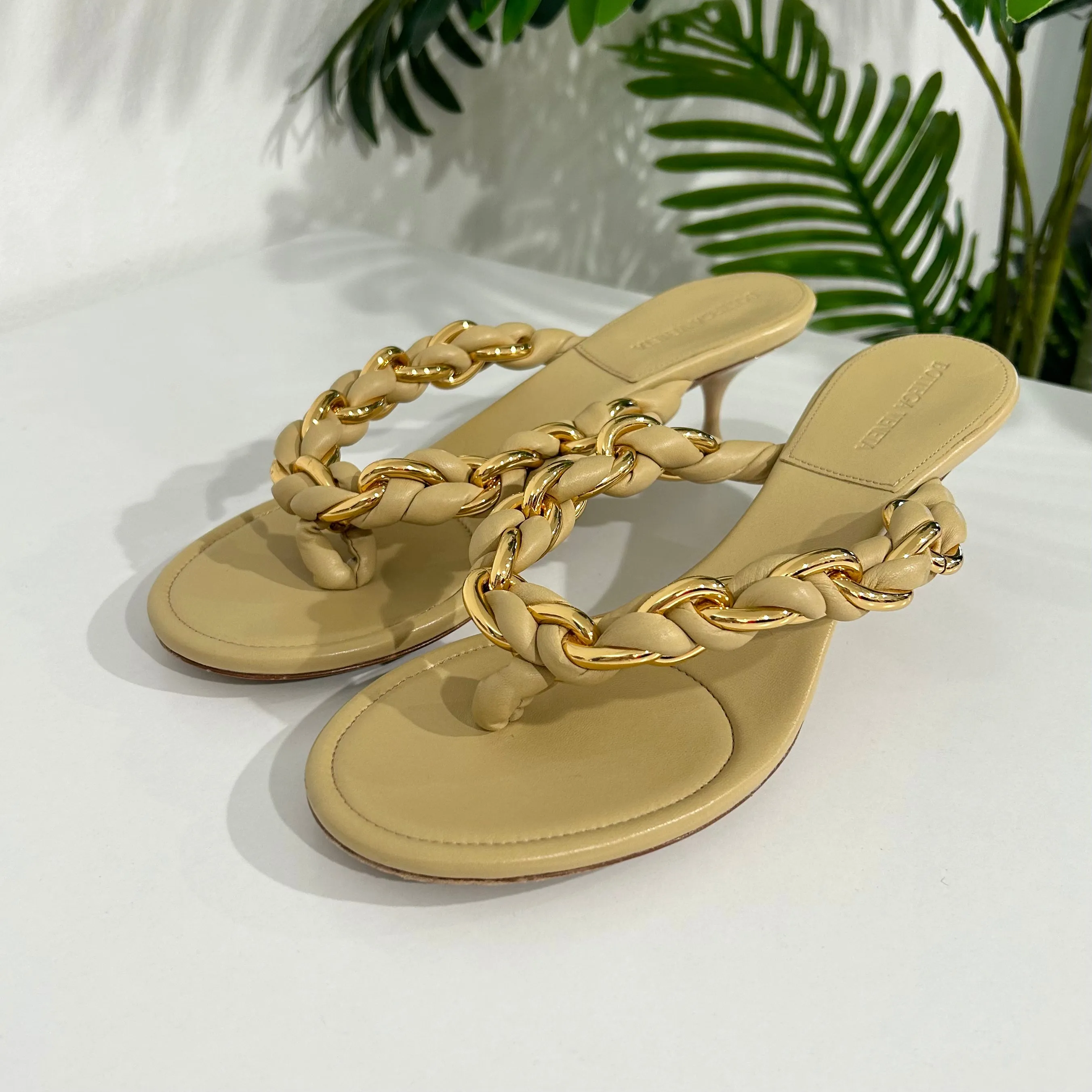 Bottega Beige & Gold Chain Sandals