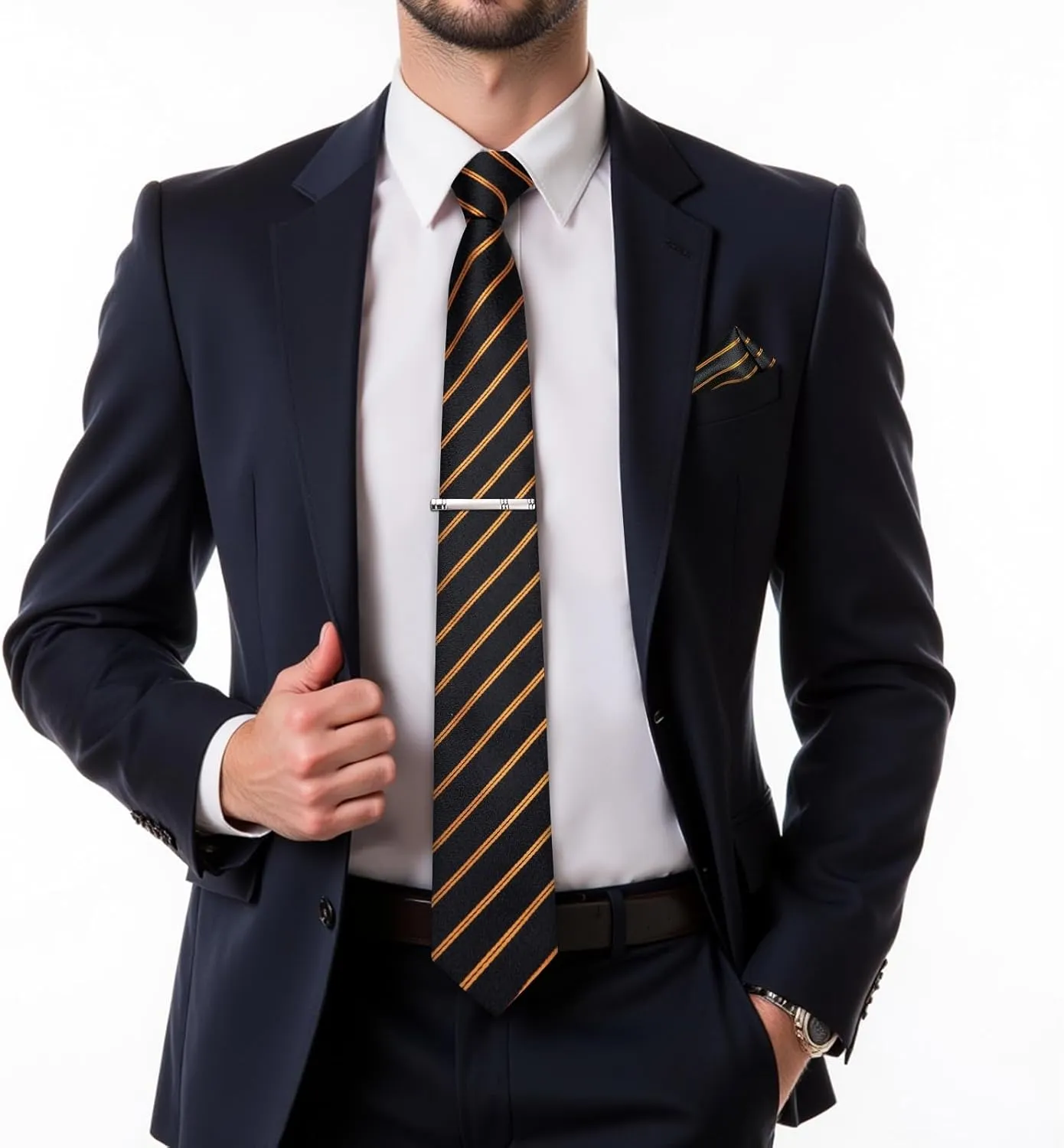 DiBanGu Mens Striped Tie Silk Woven Necktie and Pocket Square Cufflinks Tie Clip Set Wedding Business Formal Gift Tie for Men