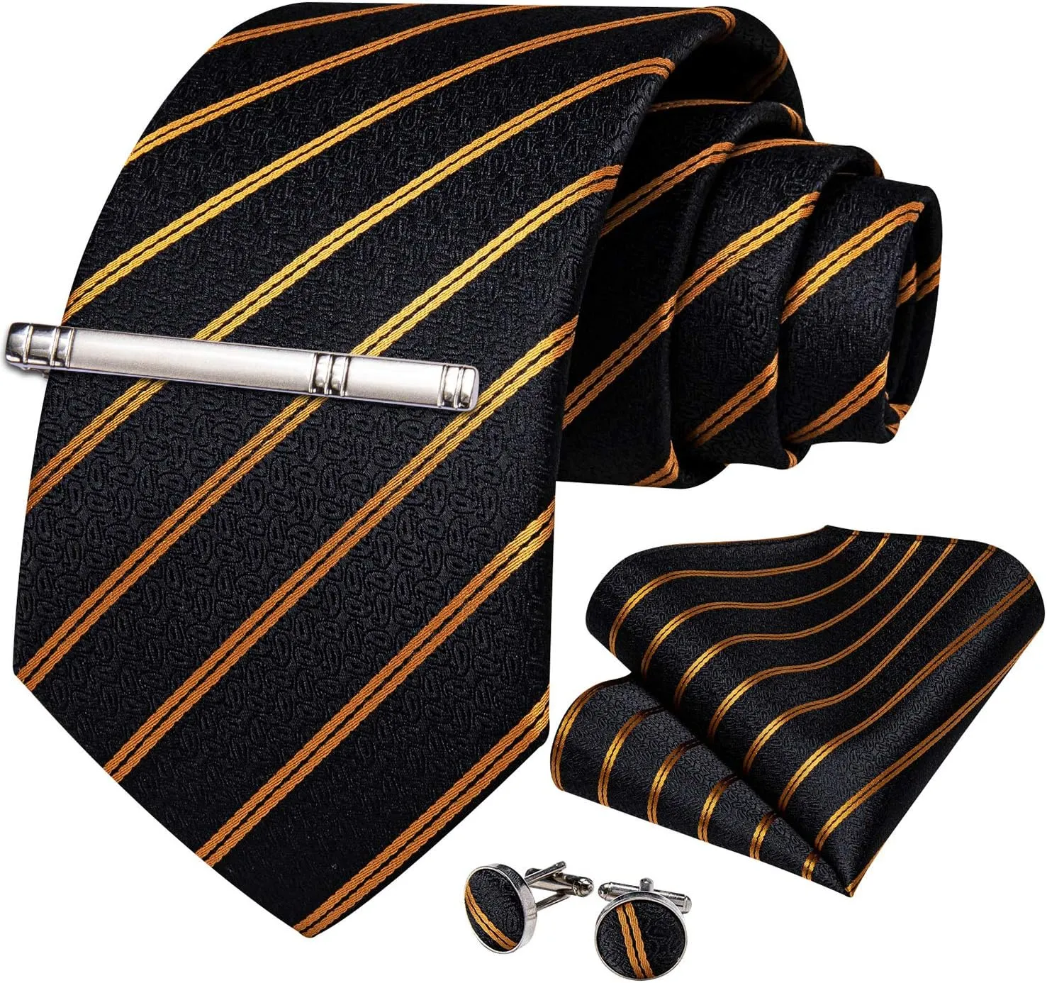 DiBanGu Mens Striped Tie Silk Woven Necktie and Pocket Square Cufflinks Tie Clip Set Wedding Business Formal Gift Tie for Men