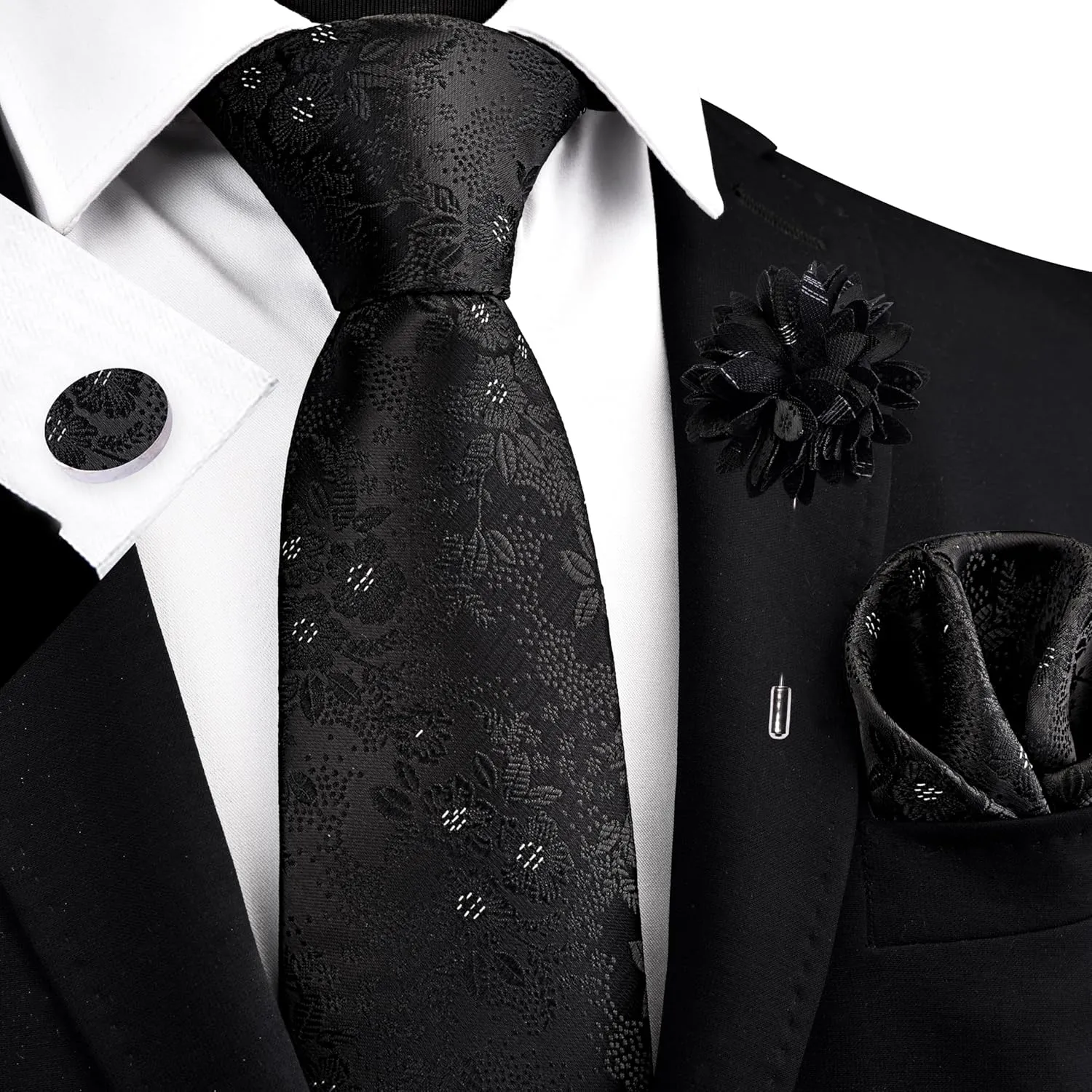 GUSLESON 3.15"??8cm?? Mens Floral Tie and Lapel Pin Necktie Hankerchief Cufflinks Set for Men