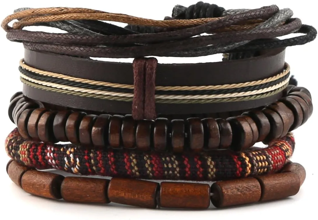 HZMAN Wrap Bracelets Men Women, Hemp Cords Wood Beads Ethnic Tribal Bracelets, Leather Wristbands