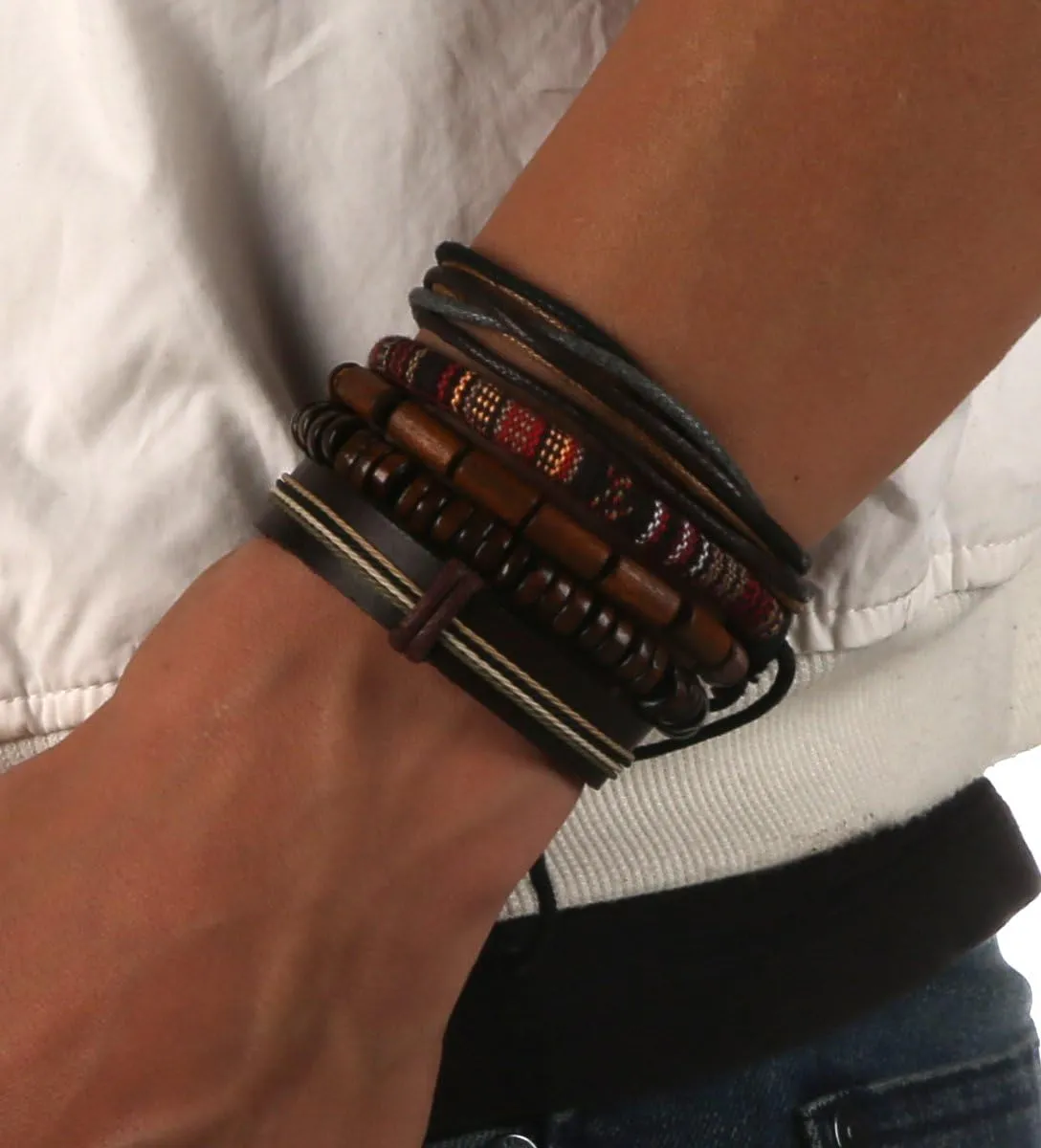 HZMAN Wrap Bracelets Men Women, Hemp Cords Wood Beads Ethnic Tribal Bracelets, Leather Wristbands