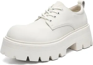 Men's Leather Platform Oxfords - Classic Round Toe Lace Up Dress Shoes -Comfort Non-Slip Lug Sole Chunky Heel Heightening Derby Shoes