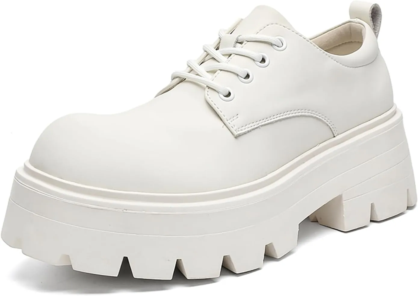 Men's Leather Platform Oxfords - Classic Round Toe Lace Up Dress Shoes -Comfort Non-Slip Lug Sole Chunky Heel Heightening Derby Shoes
