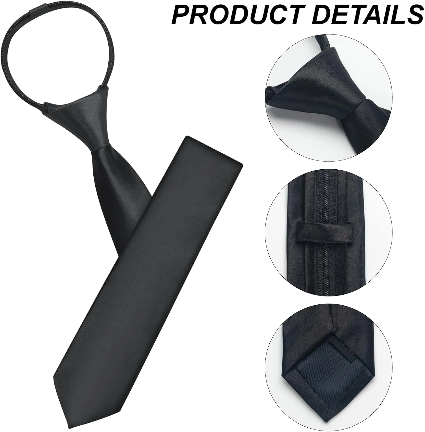 Men's Pre-Tied Necktie, Adjustable Zipper Skinny Ties for Men, Solid Color Black Ties for Wedding, Graduation