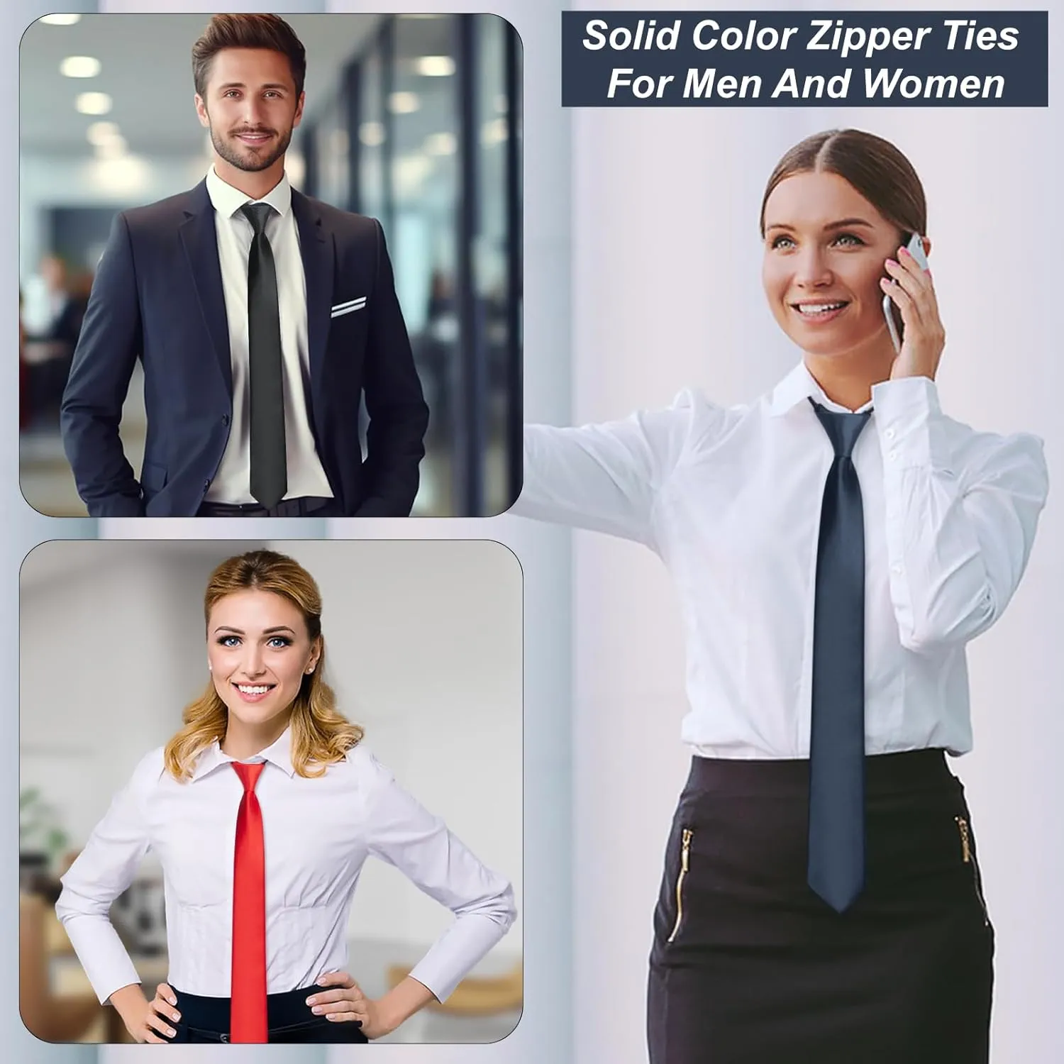 Men's Pre-Tied Necktie, Adjustable Zipper Skinny Ties for Men, Solid Color Black Ties for Wedding, Graduation