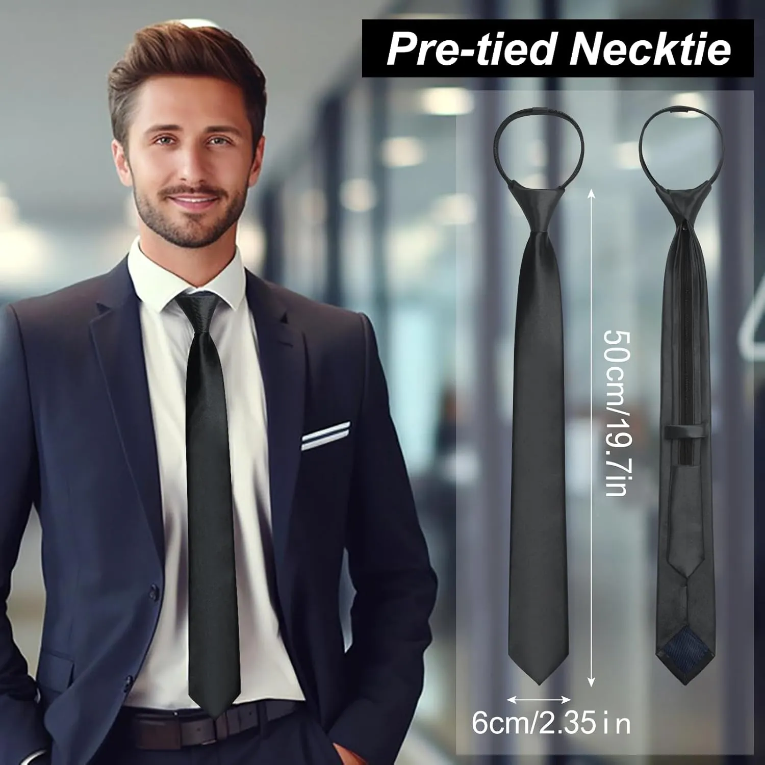 Men's Pre-Tied Necktie, Adjustable Zipper Skinny Ties for Men, Solid Color Black Ties for Wedding, Graduation