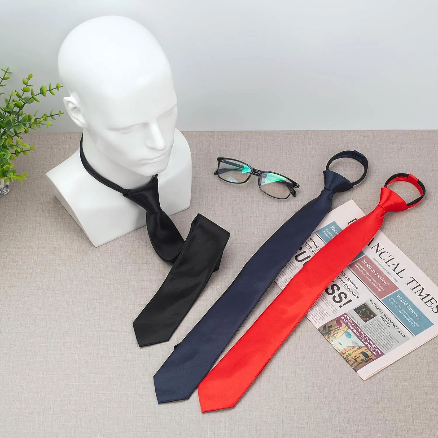 Men's Pre-Tied Necktie, Adjustable Zipper Skinny Ties for Men, Solid Color Black Ties for Wedding, Graduation