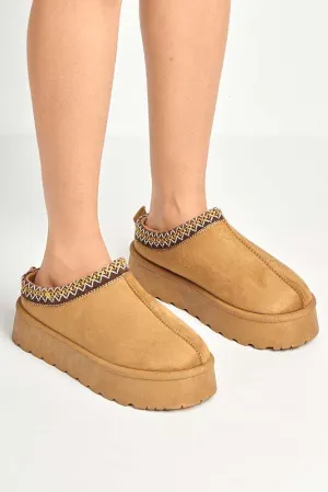 Milo Kids Flatform Fluffy Slippers in Camel