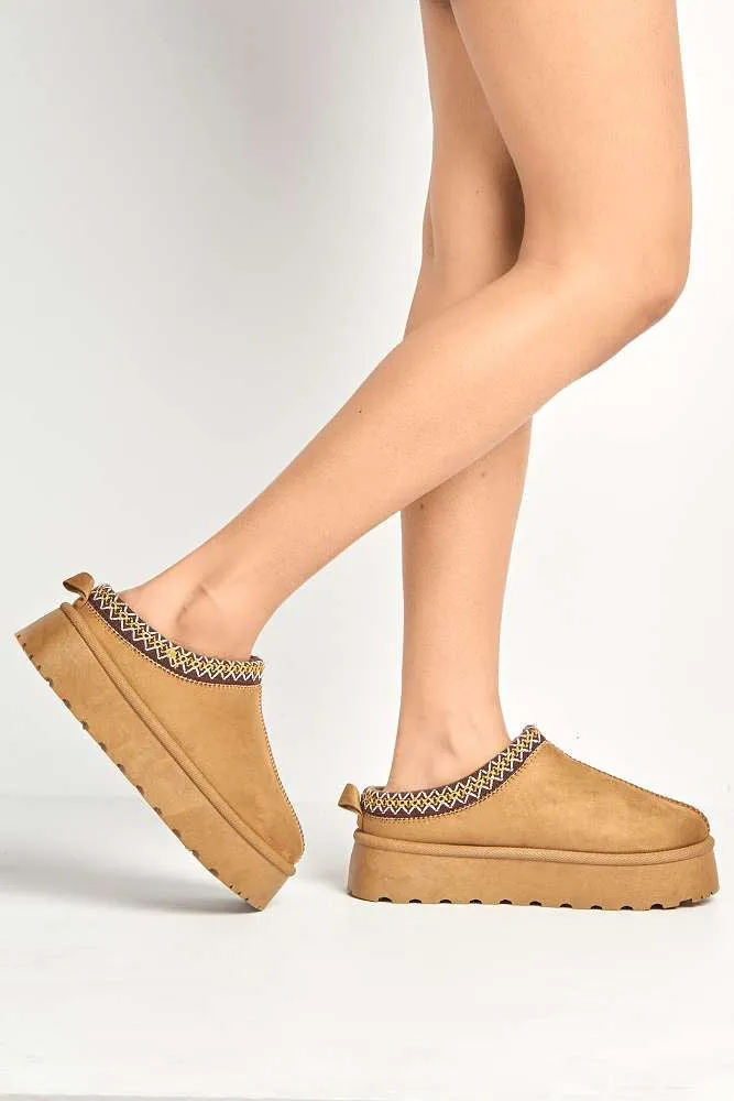 Milo Kids Flatform Fluffy Slippers in Camel