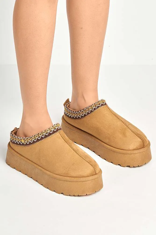 Milo Kids Flatform Fluffy Slippers in Camel