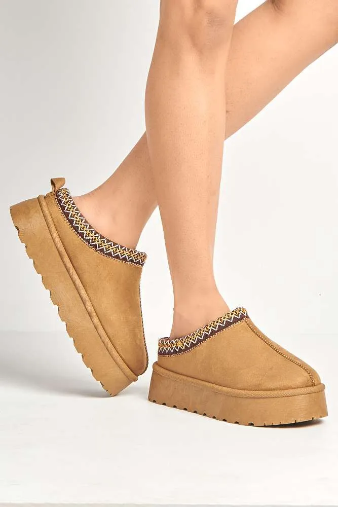 Milo Kids Flatform Fluffy Slippers in Camel