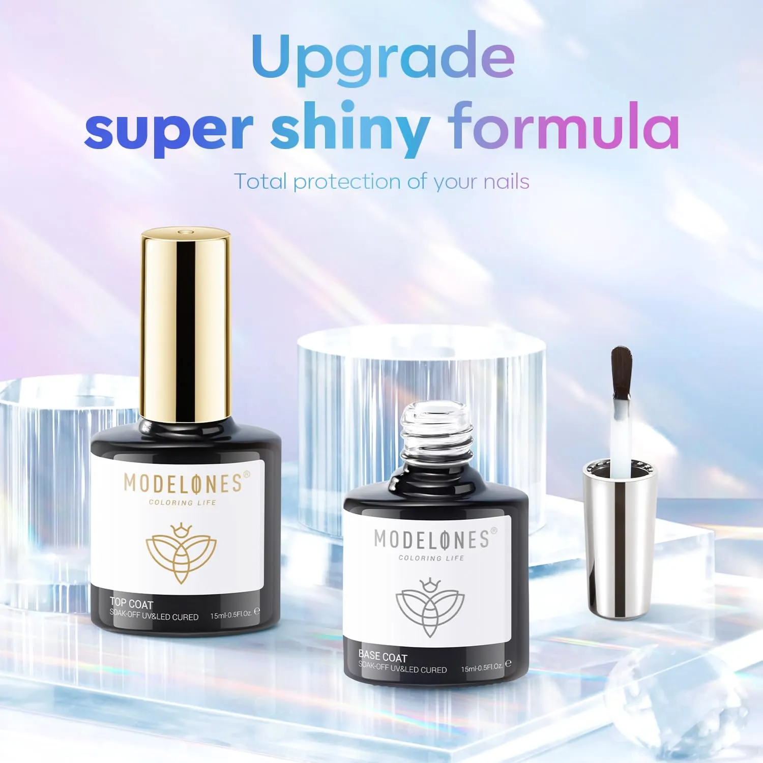 modelones Gel Top Coat, 15 ml 2025 Upgrade Super Shiny Base and Top Coat Set, Soak Off Nail Lamp Acid Free No Wipe Clear Base Top Gel Nail Polish