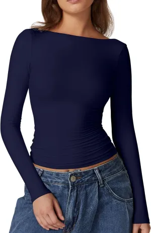 QINSEN Women's Sexy Open Back Long Sleeve Shirts High Neck Double Lined Tees Fitted Going Out Tops