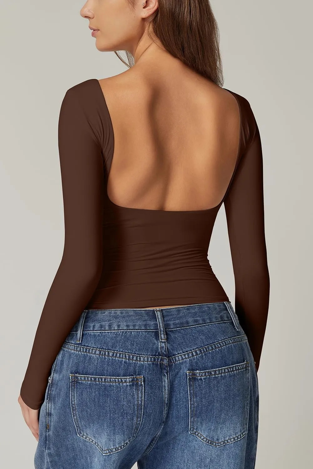QINSEN Women's Sexy Open Back Long Sleeve Shirts High Neck Double Lined Tees Fitted Going Out Tops