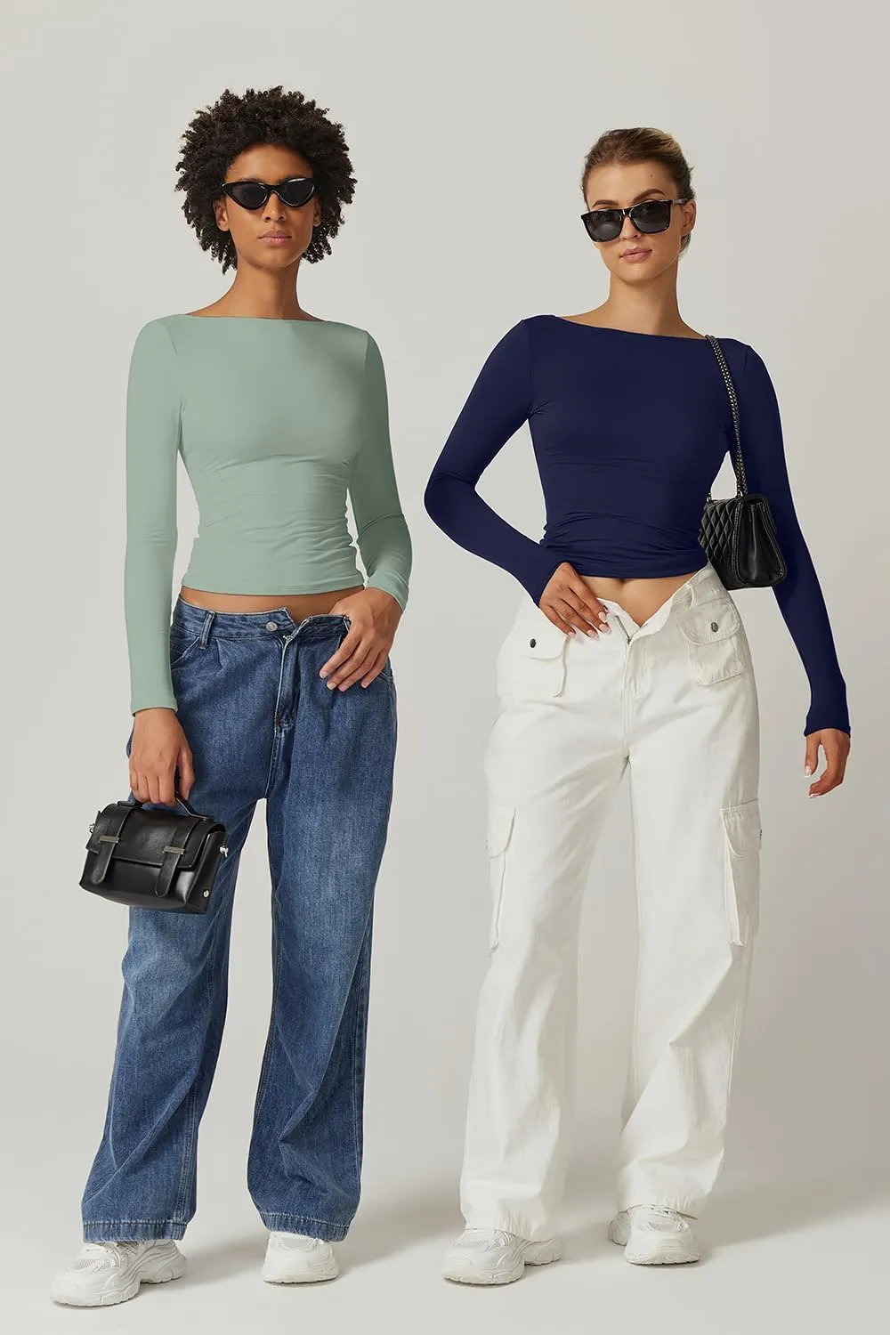 QINSEN Women's Sexy Open Back Long Sleeve Shirts High Neck Double Lined Tees Fitted Going Out Tops