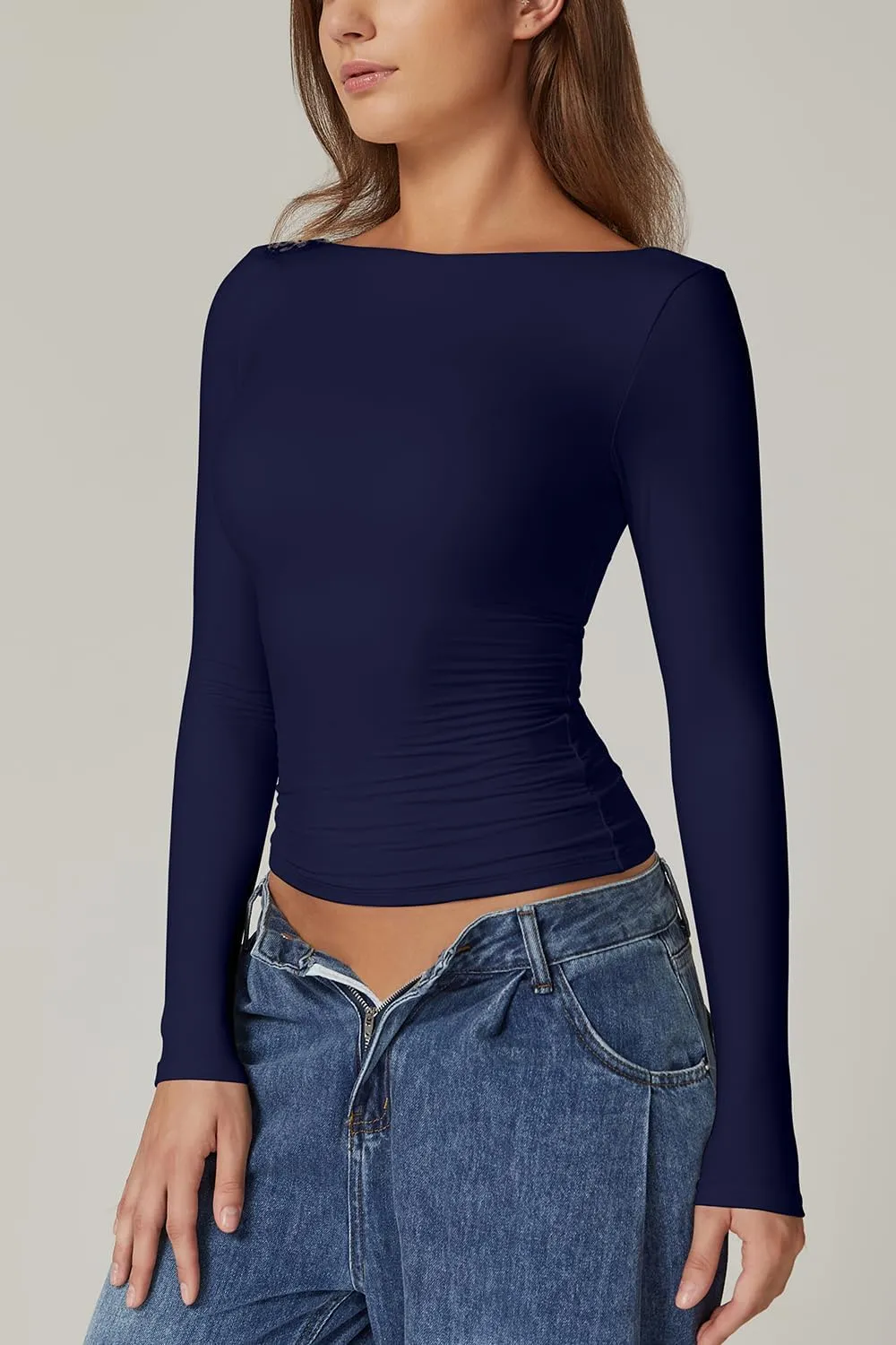 QINSEN Women's Sexy Open Back Long Sleeve Shirts High Neck Double Lined Tees Fitted Going Out Tops