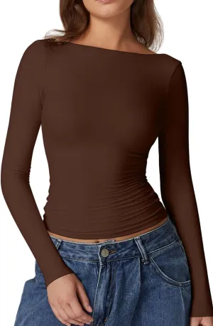 QINSEN Women's Sexy Open Back Long Sleeve Shirts High Neck Double Lined Tees Fitted Going Out Tops