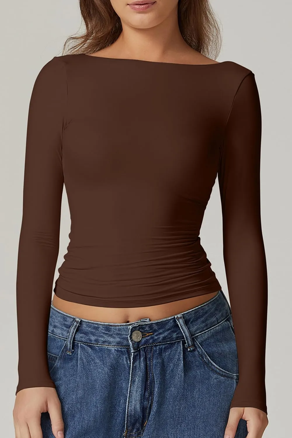 QINSEN Women's Sexy Open Back Long Sleeve Shirts High Neck Double Lined Tees Fitted Going Out Tops