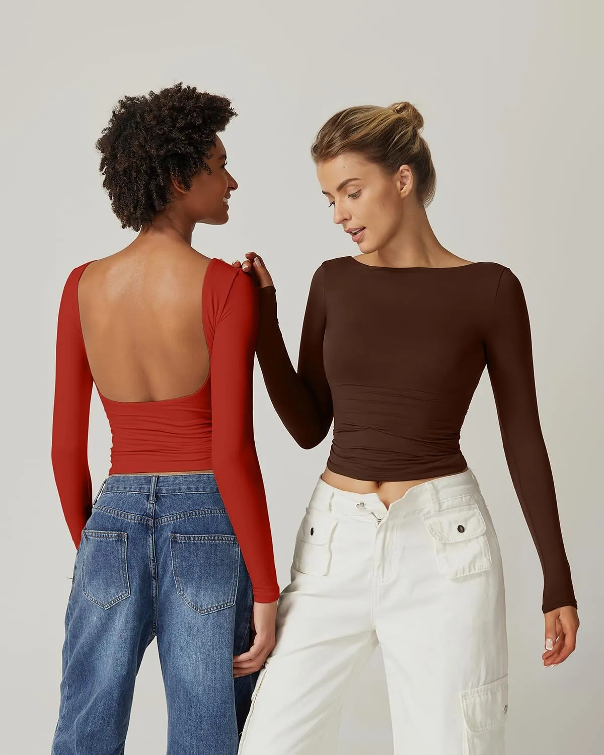 QINSEN Women's Sexy Open Back Long Sleeve Shirts High Neck Double Lined Tees Fitted Going Out Tops