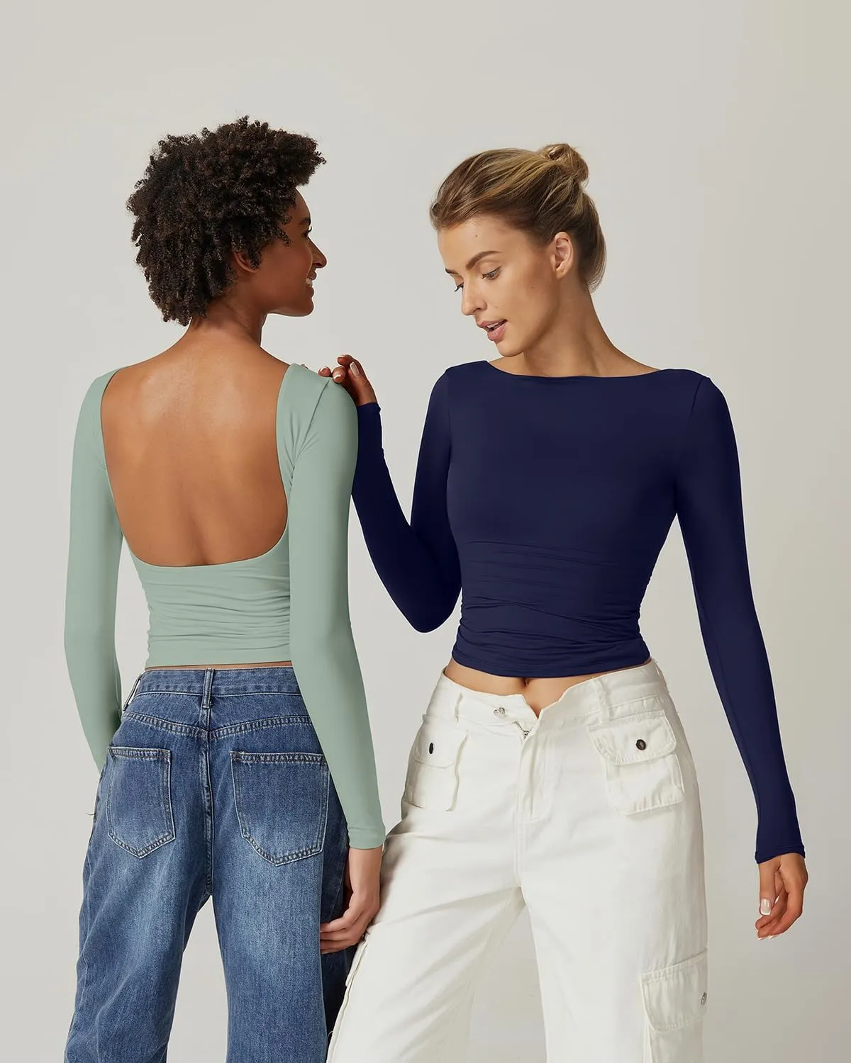 QINSEN Women's Sexy Open Back Long Sleeve Shirts High Neck Double Lined Tees Fitted Going Out Tops