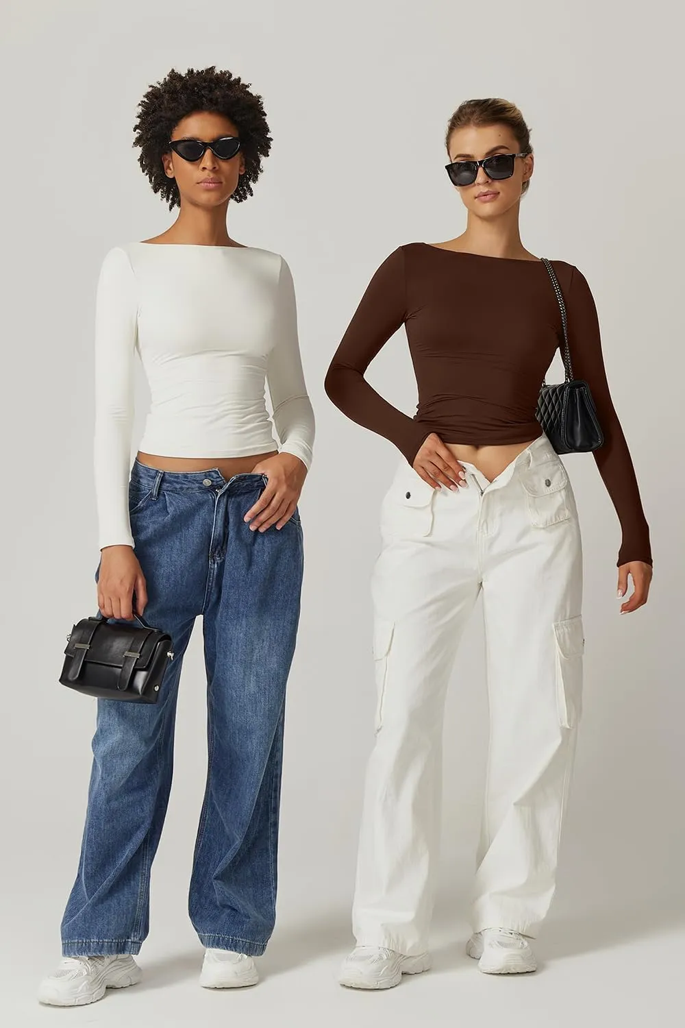 QINSEN Women's Sexy Open Back Long Sleeve Shirts High Neck Double Lined Tees Fitted Going Out Tops