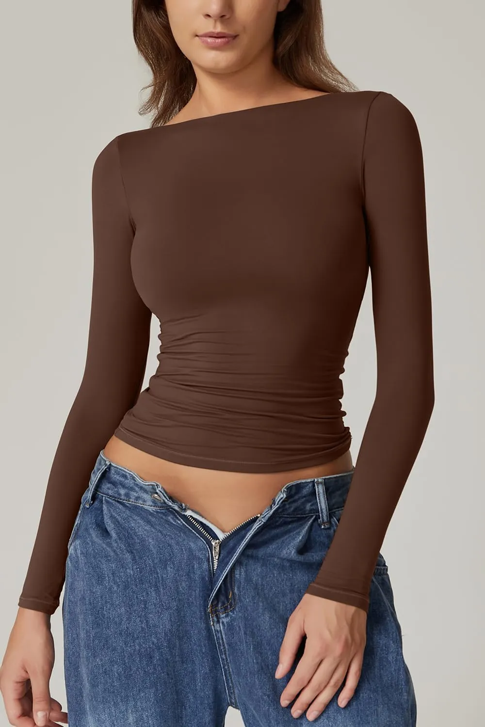 QINSEN Women's Sexy Open Back Long Sleeve Shirts High Neck Double Lined Tees Fitted Going Out Tops
