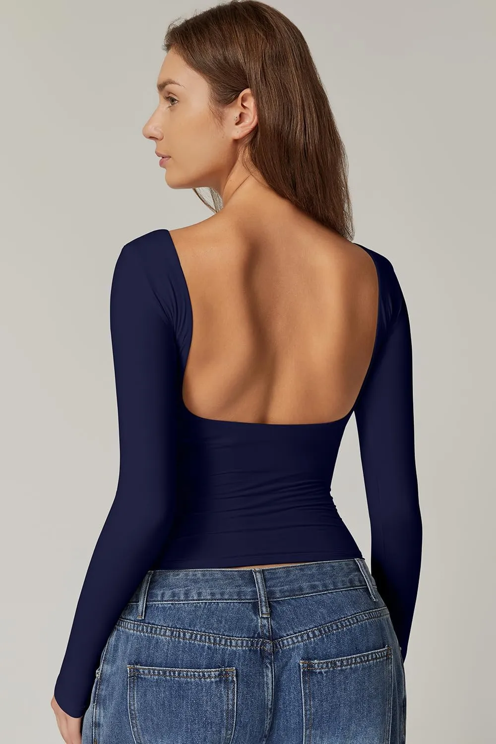 QINSEN Women's Sexy Open Back Long Sleeve Shirts High Neck Double Lined Tees Fitted Going Out Tops