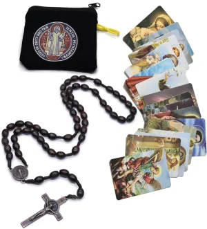 SZQCZB Wooden Rosary Beads Catholic for Men, Saint Benedict Medal and Cross - Comes in Gift Pouch and 18pcs Prayer Cards