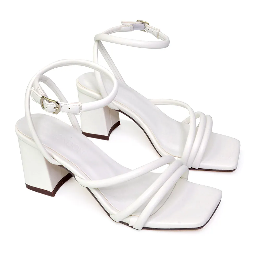 Trixie Square Toe Buckle Up Ankle Strappy Mid Block Heel Sandals in Black