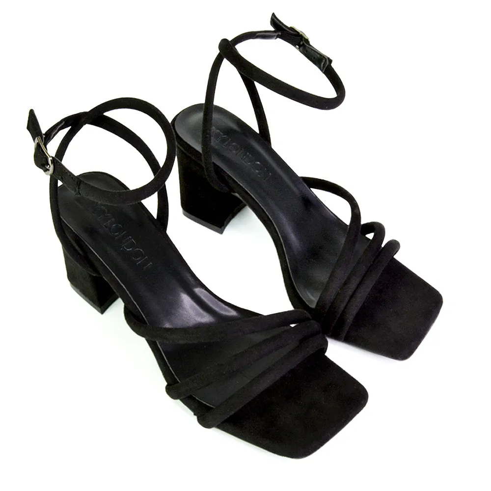 Trixie Square Toe Buckle Up Ankle Strappy Mid Block Heel Sandals in Black