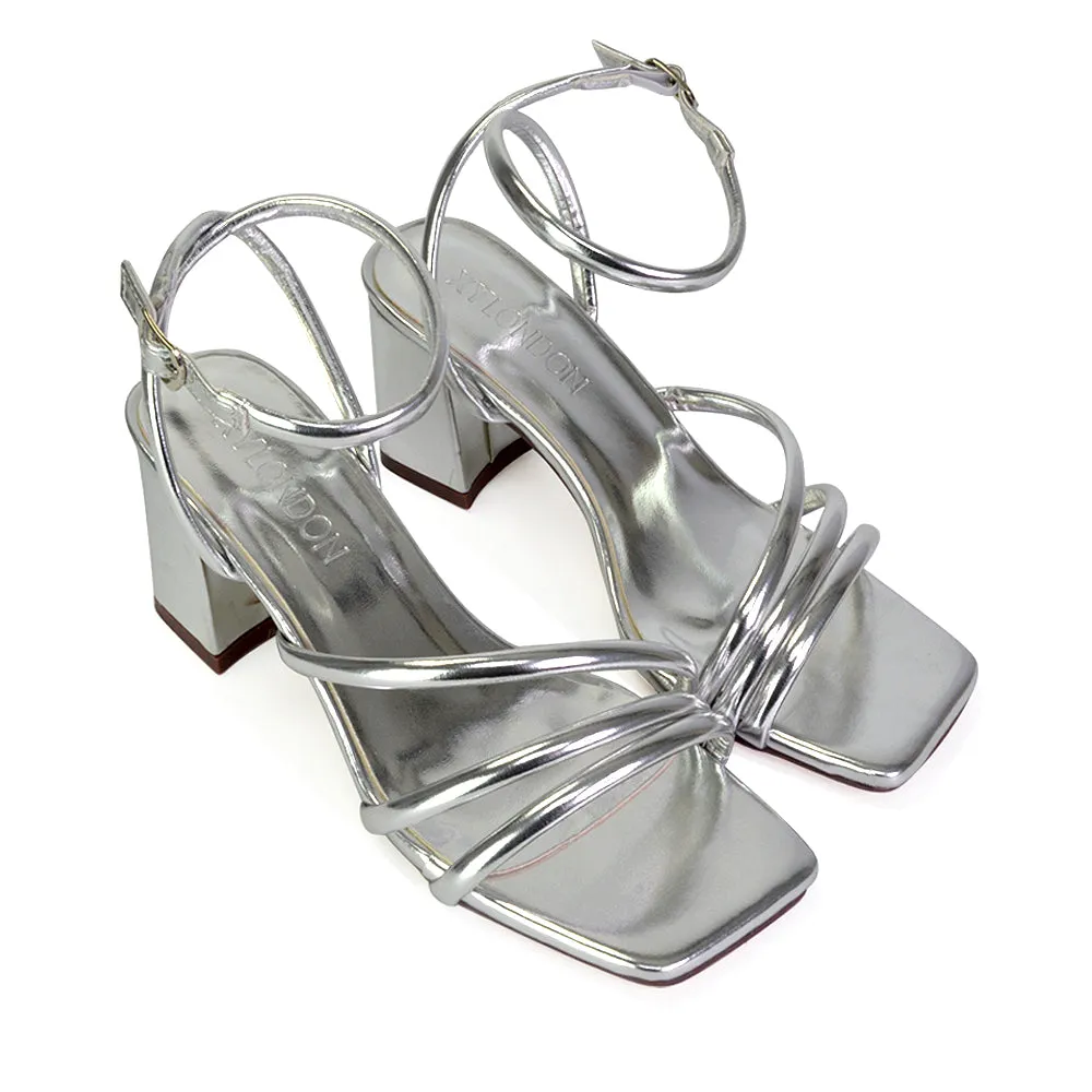 Trixie Square Toe Buckle Up Ankle Strappy Mid Block Heel Sandals in Black