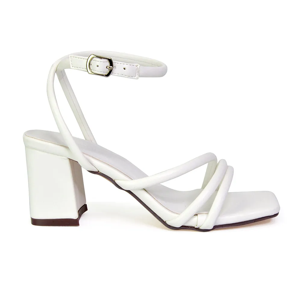 Trixie Square Toe Buckle Up Ankle Strappy Mid Block Heel Sandals in Black