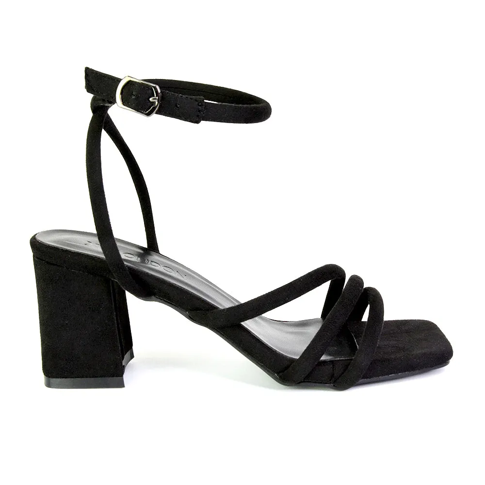 Trixie Square Toe Buckle Up Ankle Strappy Mid Block Heel Sandals in Black