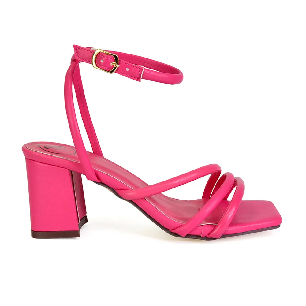 Trixie Square Toe Buckle Up Ankle Strappy Mid Block Heel Sandals in Black