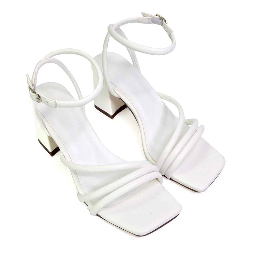 Trixie Square Toe Buckle Up Ankle Strappy Mid Block Heel Sandals in Black