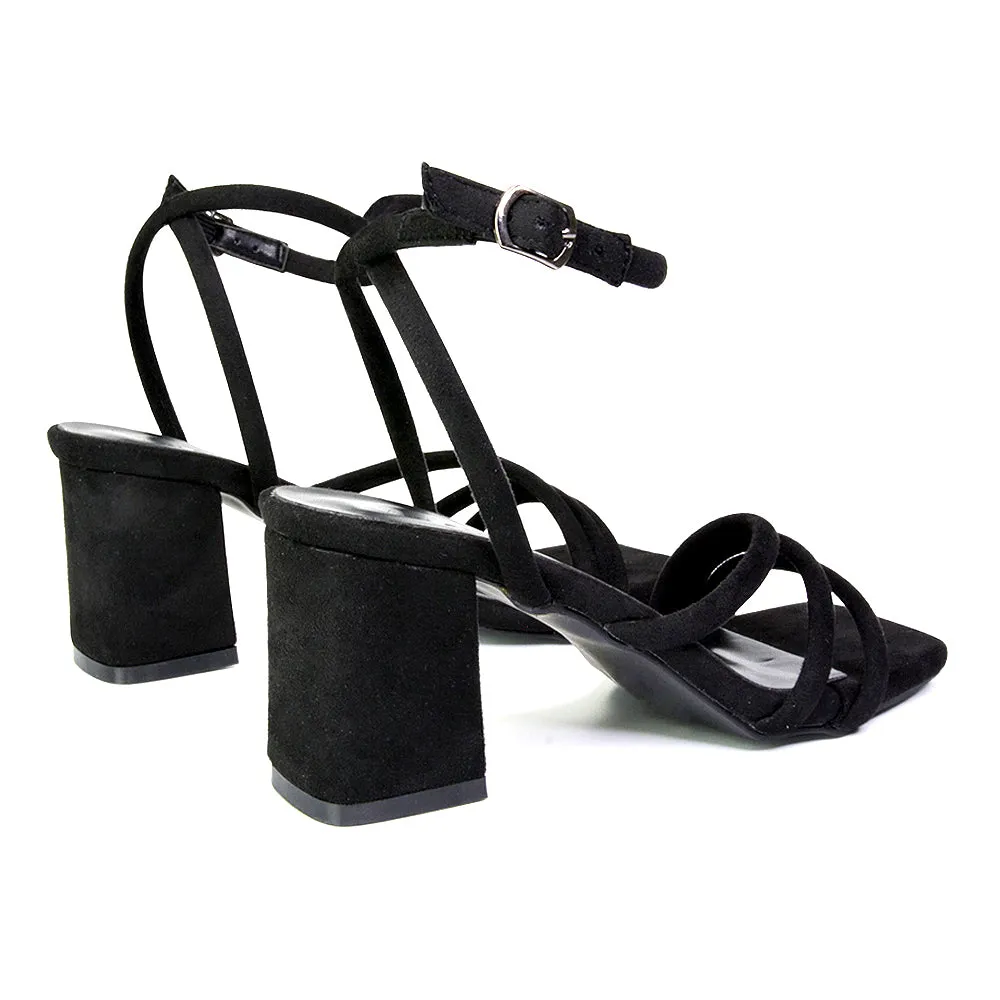 Trixie Square Toe Buckle Up Ankle Strappy Mid Block Heel Sandals in Black