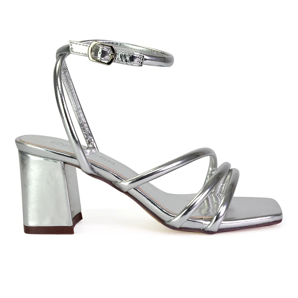 Trixie Square Toe Buckle Up Ankle Strappy Mid Block Heel Sandals in Black