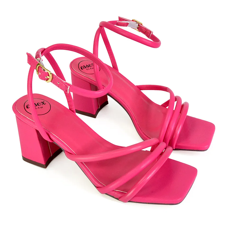 Trixie Square Toe Buckle Up Ankle Strappy Mid Block Heel Sandals in Black