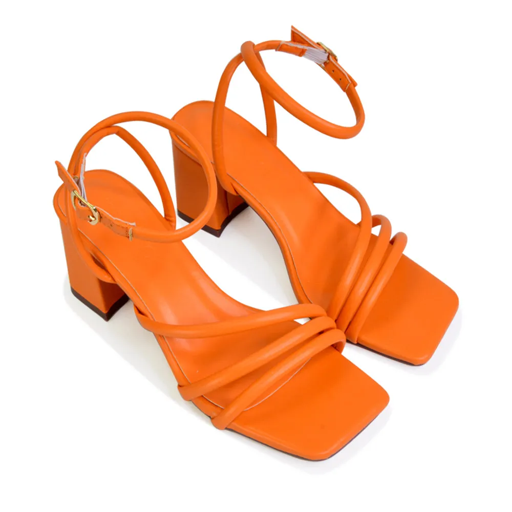 Trixie Square Toe Buckle Up Ankle Strappy Mid Block Heel Sandals in Black