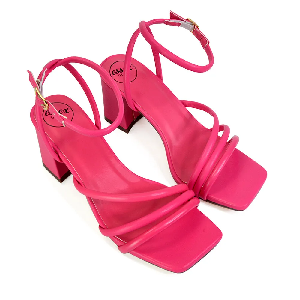 Trixie Square Toe Buckle Up Ankle Strappy Mid Block Heel Sandals in Black