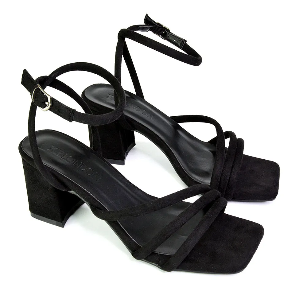 Trixie Square Toe Buckle Up Ankle Strappy Mid Block Heel Sandals in Black
