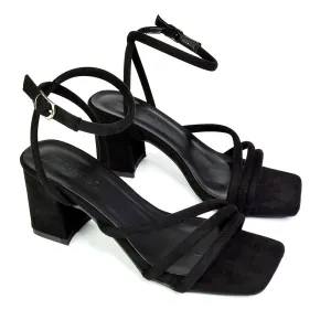 Trixie Square Toe Buckle Up Ankle Strappy Mid Block Heel Sandals in Black