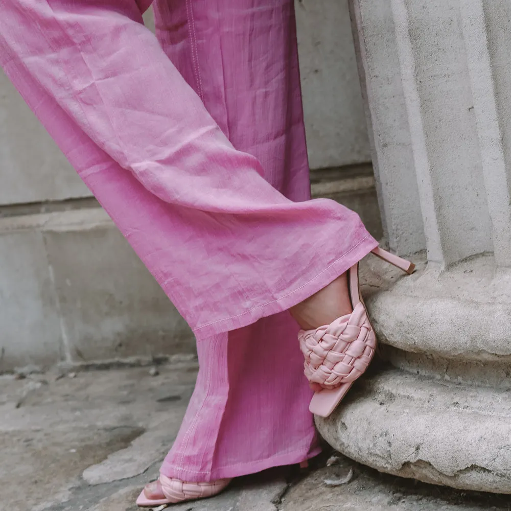 True Woven Strap Square Toe Mule High Heel Sandals in Pink Synthetic Leather