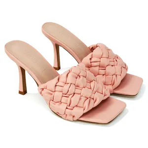 True Woven Strap Square Toe Mule High Heel Sandals in Pink Synthetic Leather