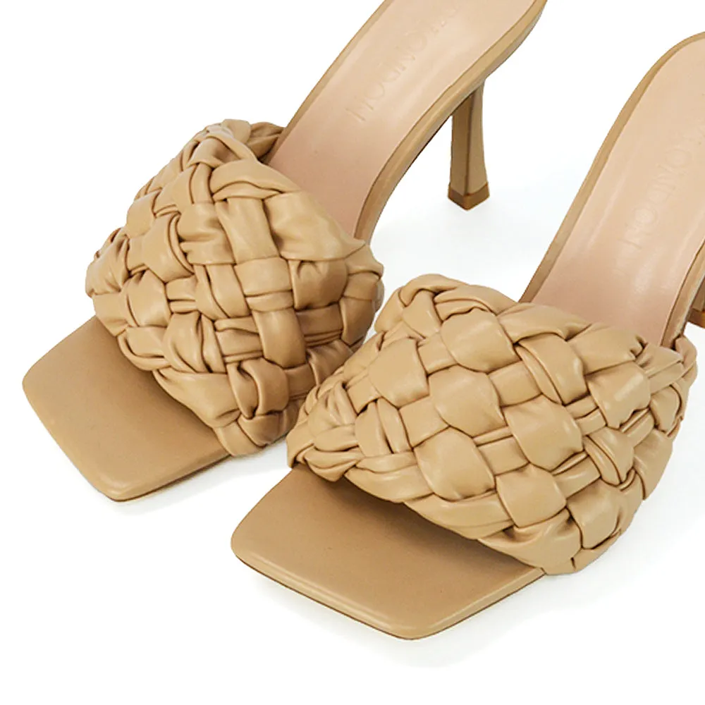 True Woven Strap Square Toe Mule High Heel Sandals in Pink Synthetic Leather