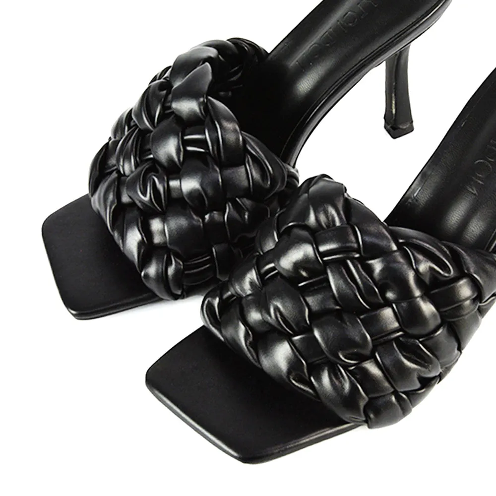 True Woven Strap Square Toe Mule High Heel Sandals in Pink Synthetic Leather